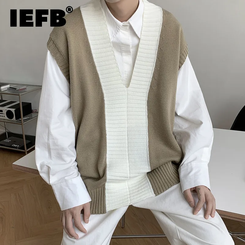 

Корейский тренд IEFB, жилет контрастных цветов в стиле пэчворк без рукавов, новинка 2021, осенне-зимний вязаный свитер с V-образным вырезом, жиле...