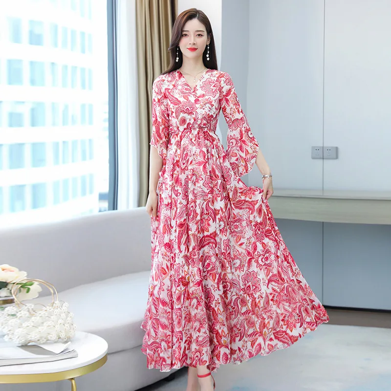 

Summer chiffon shredded floral dress girl 2021 new long knee-to-ankle swing thin super-long skirt