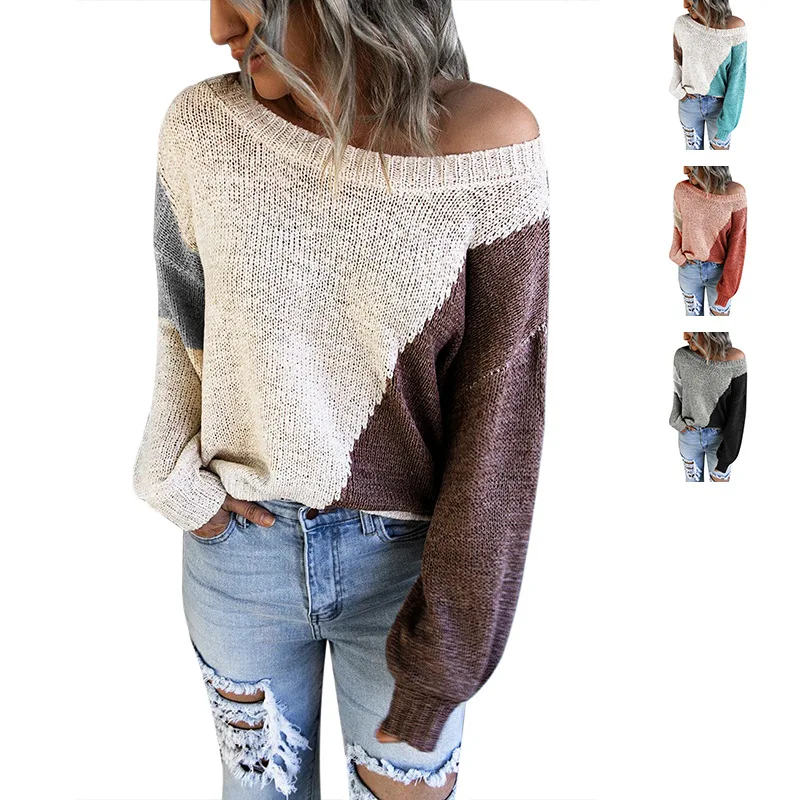

Women O Neck Loose Knitted Sweaters Femme Casual Long Sleeve Top 2021 Autumn Winter Patchwork Pullover Sweater