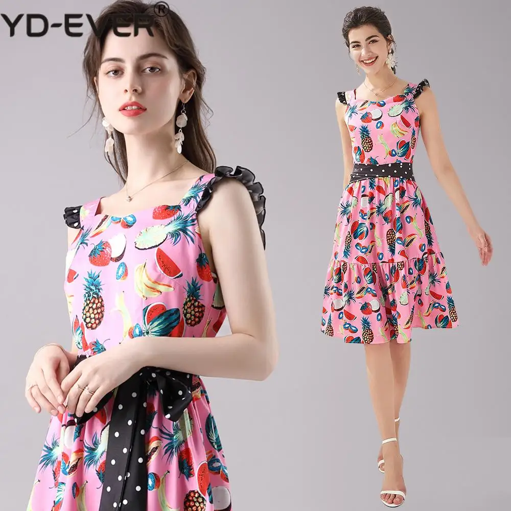 Платье женское летнее хлопковое с поясом в горошек милая майка принтом ананасов