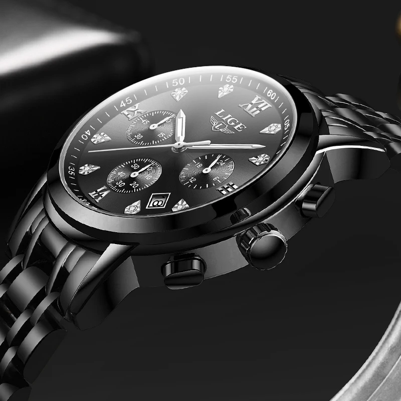 LIGE Mens Watches Top Brand Luxury Fashion Business Quartz Watch Men Sport All Steel Waterproof Black Clock erkek kol saati+Box | Наручные