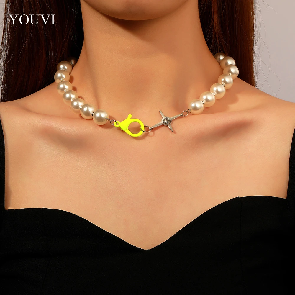 

YOUVI Vintage Pearl Necklace for Women Crystal Four-pointed Star Pedants Necklace Women's Neck Chains Jewelry Choker Goth