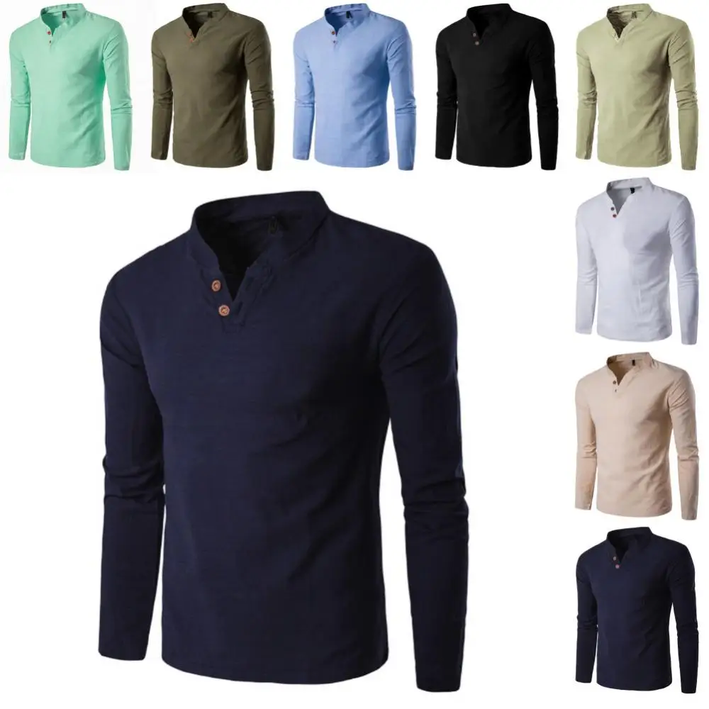 Рубашка мужская с V-образным вырезом блуза из хлопка и льна воротником-стойкой на