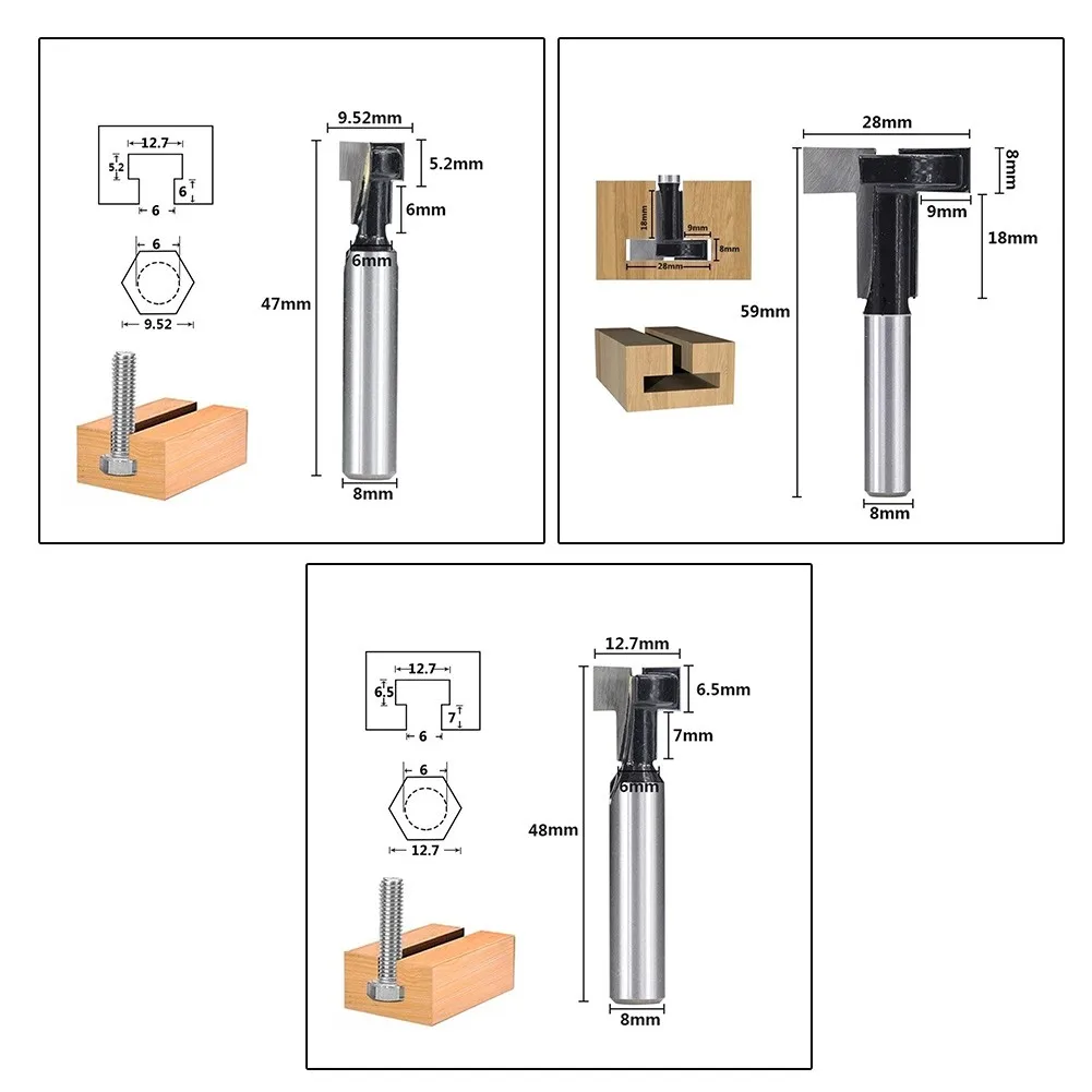 

8mm Shank T-Slot Router Bit Tungsten Carbide Milling Cutter Cleaning Bottom Hex Bolt Key Hole Bits T Slotting Milling Cutter
