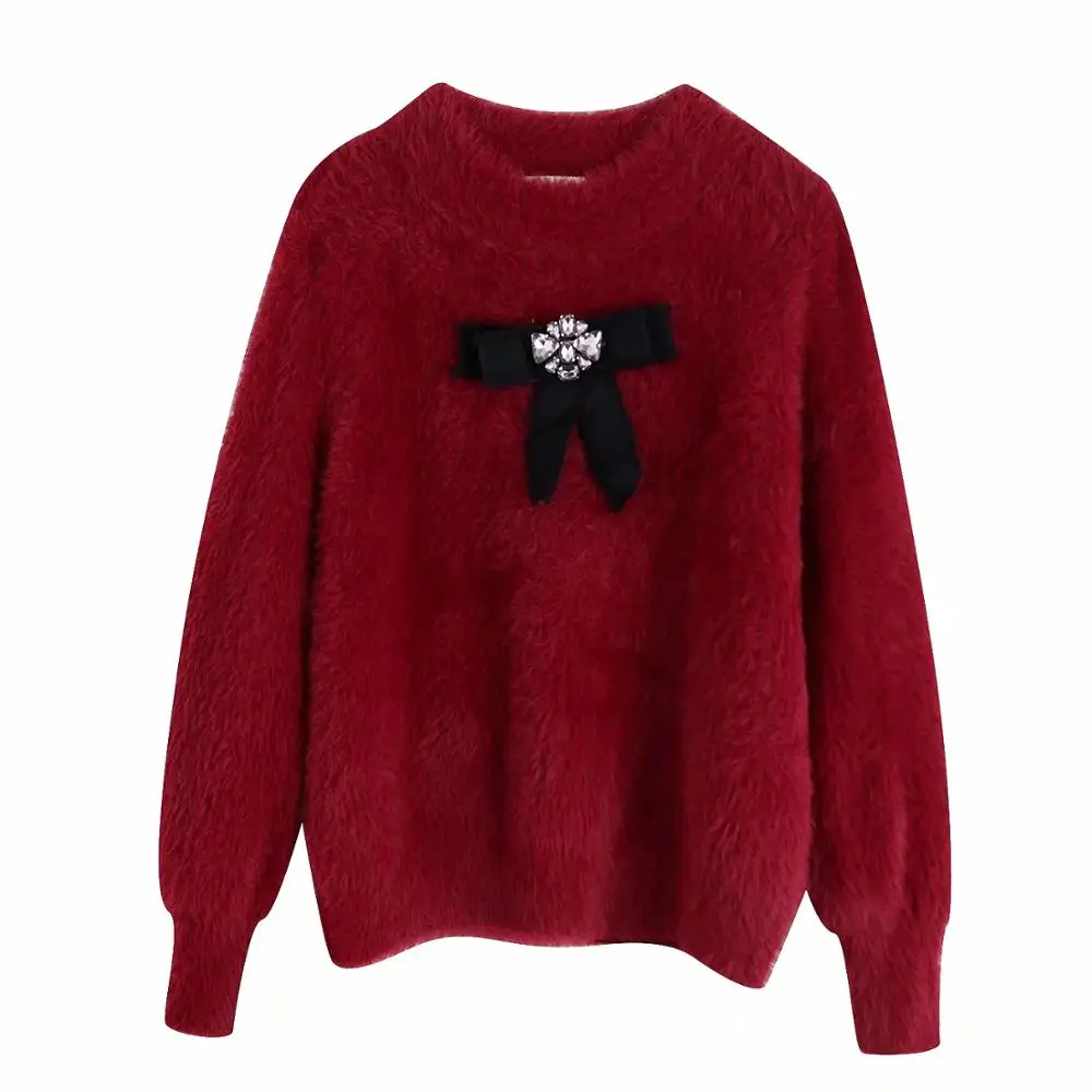 ZA autumn winter women's red gray knitted sweater Jewelry bowknot plush tops chic lady Casual female pullover | Женская одежда