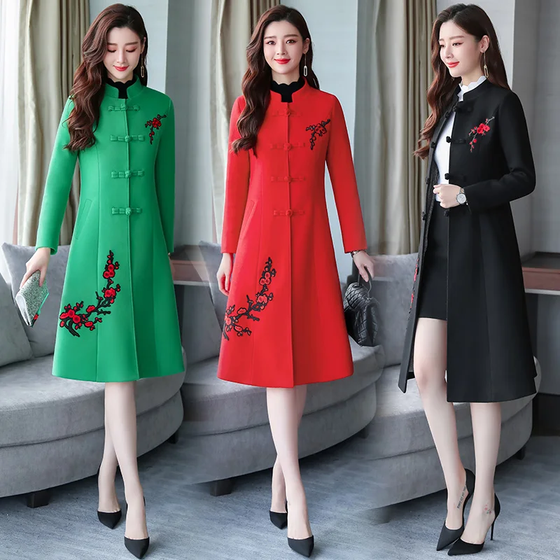 Женское шерстяное пальто в китайском стиле длинное выше колена верхняя одежда