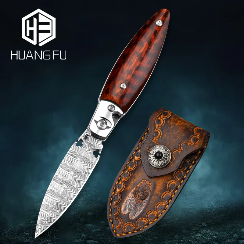 

Охотничий нож HUANGFU Flipper, спасательный клинок из дамасской стали, походный охотничий нож с точкой падения, 60HRC