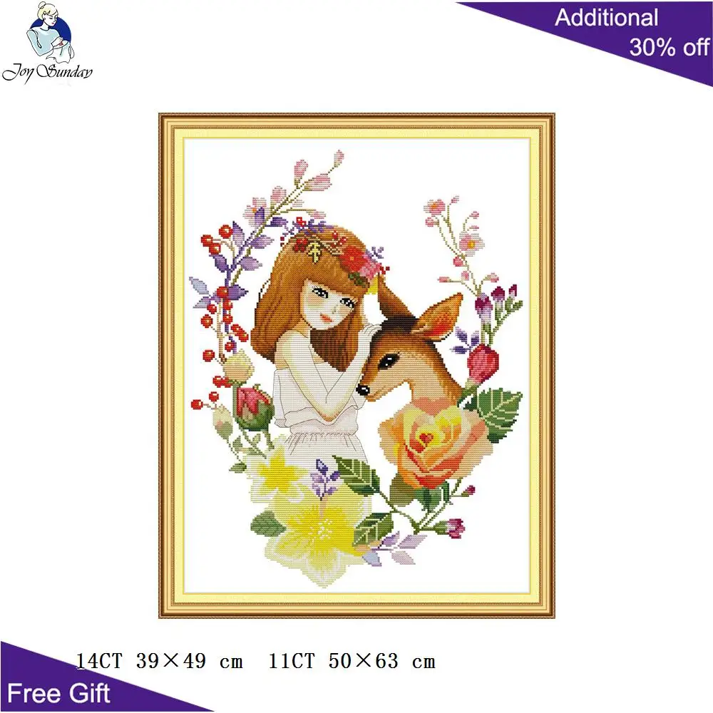 

Joy Sunday Girl And Deer RA334 14CT 11CT Counted and Stamped Girl Deer Flower Wealth Home Decor Embroidery DIY Cross Stitch kits