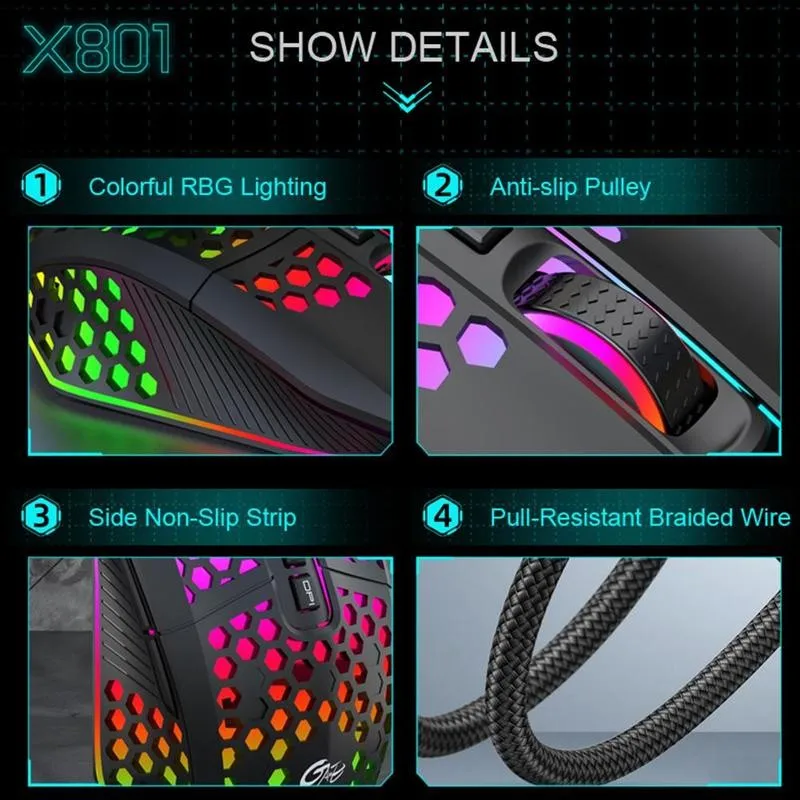 

Honeycomb Hollow Wired Gaming Mouse Lightweight 6 Adjustable Gamer 7 Mouse Backlit DPI RGB Mouse Desktop G5V2