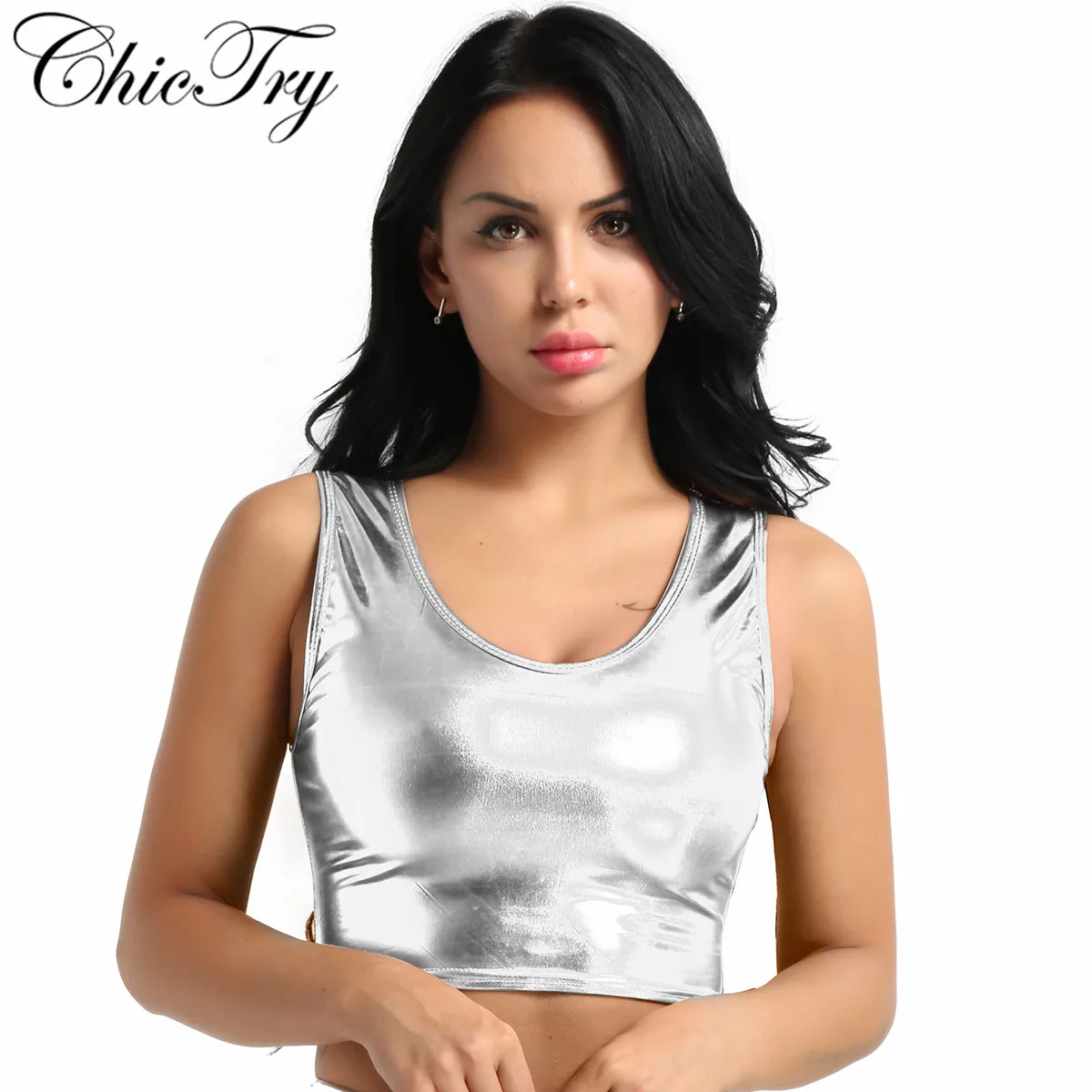 Новинка стильные модные женские блестящие топы с металлическим овальным вырезом