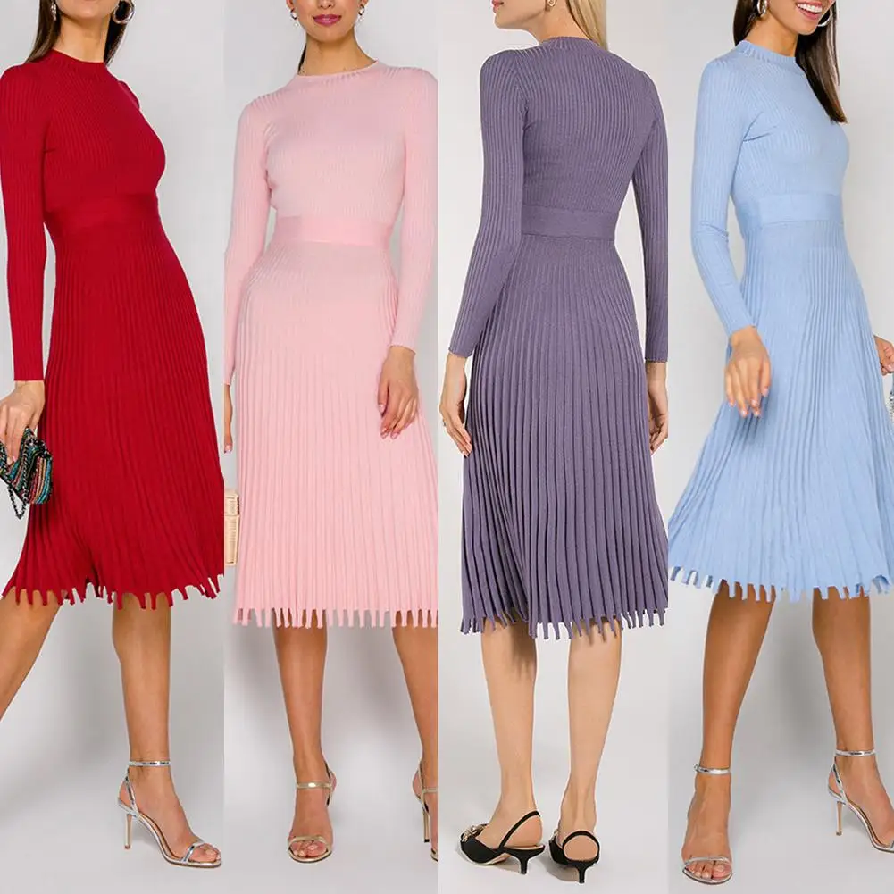 

Женское винтажное трикотажное платье-свитер с длинным рукавом и круглым вырезом