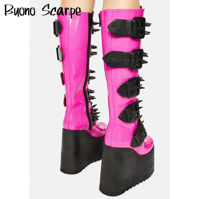 

Rivets Gothic Punk Thick Platform Boots Wedges High Heels Knee High Boots Thick Bottom Buckle Metal Decoration Botas Women Boots