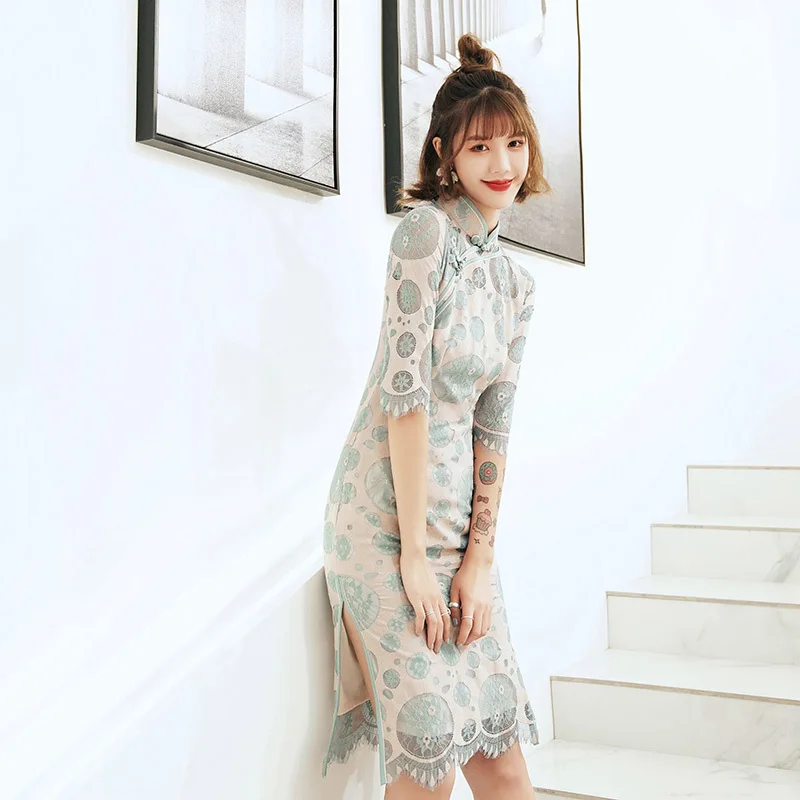 

Spring New Green Perspective Cheongsam Women Sexy Evening Party Dress Lace Qipao Elegant Mandarin Collar Short Vestidso