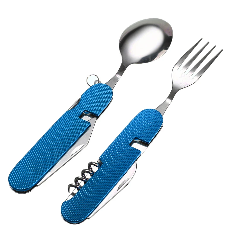 

Outdoor Tableware 6 In 1 Folding Portable Stainless Steel Camping Picnic Cutlery Knife Fork Spoon Bottle Opener Fold Kit