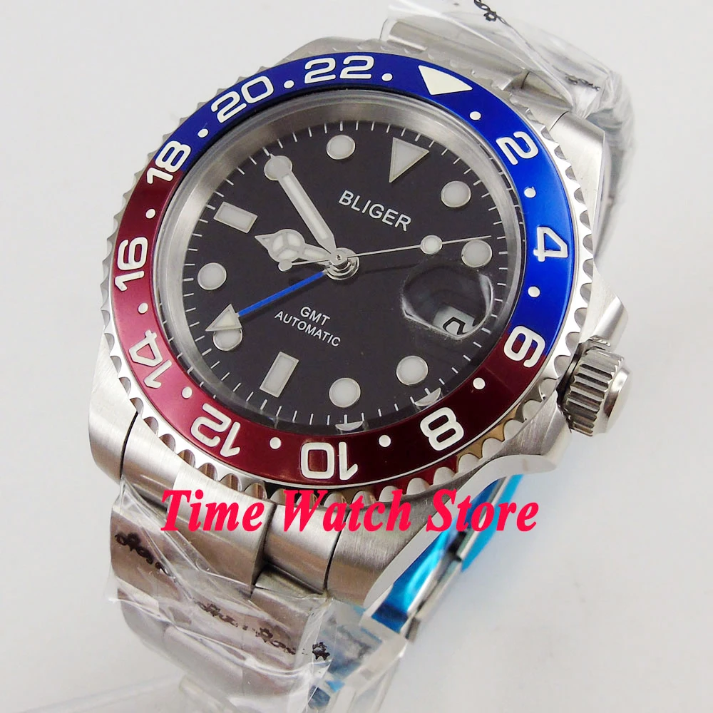 40 мм черный циферблат Светящийся синий GMT ручной сапфировое стекло