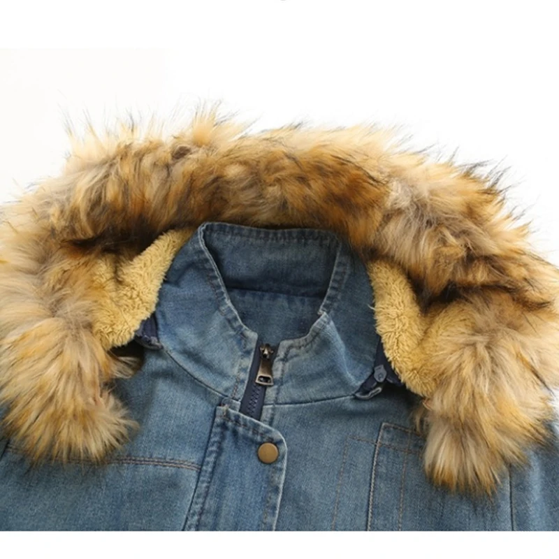 

Women's Coat Winter Denim Jacket Fashion Hooded Jean Jackets Fur Collar Long Casual Parka Thick Padded Cotton Outerwear FL127