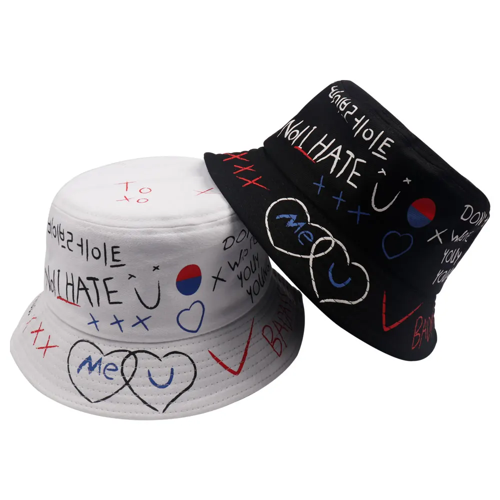 

New Graffiti Bucket Hats Women Men Black White Hip Hop Harajuku Bucket Hat Woman Flat Casual Fashion Cotton Fisherman Hat Cap