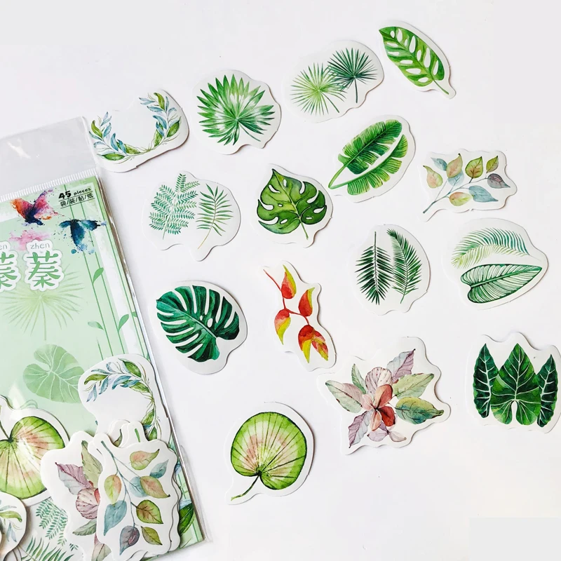 

45 Pieces /Pack Green Fresh Turtle Leaf Decorative Stickers Label Diary Hand Account Decoration