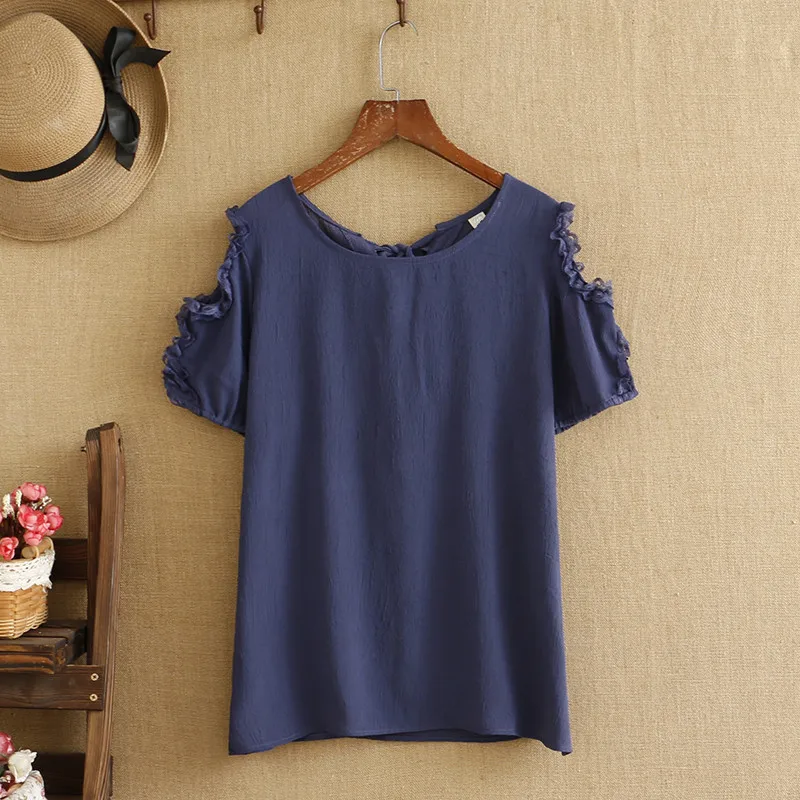 

Plus Size Shirt For Women Round Collar Natural Pleated Chiffon Bare Shoulders Lace Stitching Short Sleeves Large Size In Summer