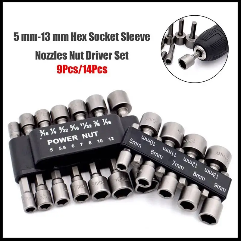 

14Pcs/Set Wrench 1/4" Screw Metric Driver Tool Set Adapter Drill Bit 5 mm-13 mm Hexagonal Shank Hex Nut Socket Tools Accessories
