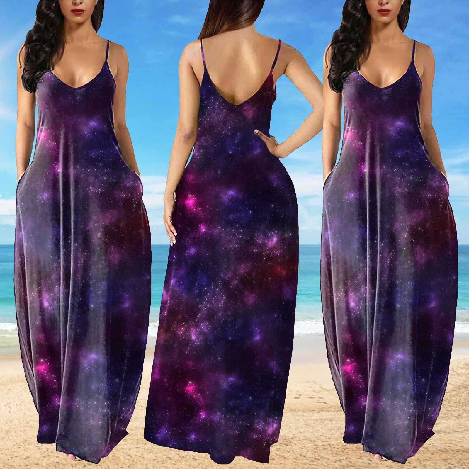 

Tie-Dye print Women's Long Maxi Dress Sexy Sleeveless Summer Party Cami Dress With Pockets U Neck Spaghetti Strap Mini Dress