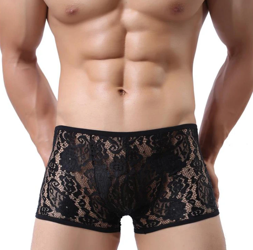 Кружевное Стильное мужское Прозрачное нижнее белье черные и белые боксеры