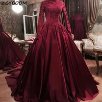 muslim evening dresses women formal party vestidos de gala elegant luxury appliques sequins lace wine red graduation prom gowns