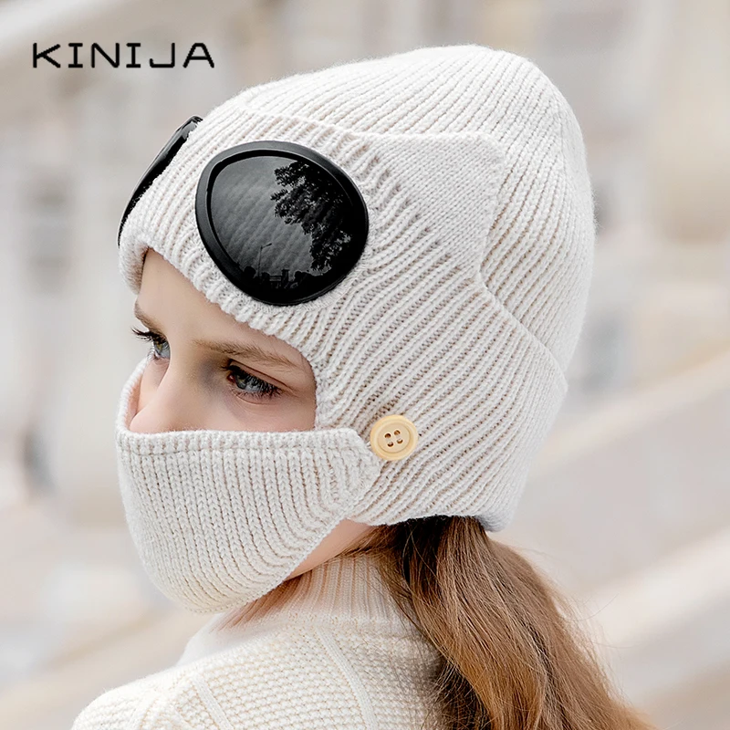 Унисекс Детский Зимний спорт на открытом воздухе очки вязаная Лыжная Шапка Кепка