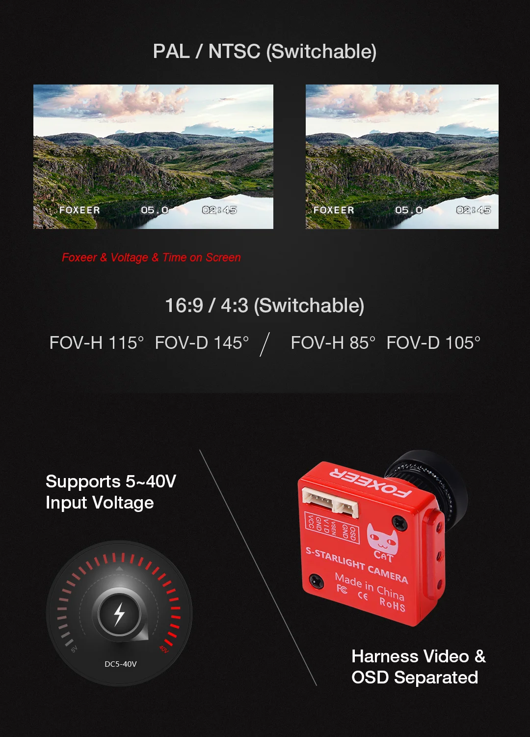 Foxeer CAT Super Starlight FPV ccarmara 0.0001lux baja latencia noche vuelo Cara FPV 16:9/4:3 PAL/NTSC conmutable soporte de 5-4