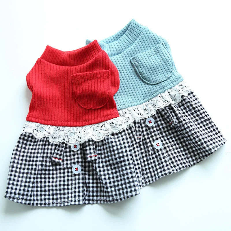 

Spring Summer Dog Clothing Pet Skirt New Knitted Patchwork Cat Dresses For Small Dogs Plaid Skirts Poodle Ladies Pets Clothes