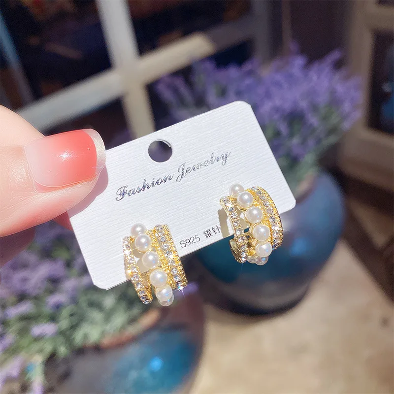 

2021 Korean New Exquisite Arc Geometric Earrings Fashion Temperament Simple Pearl Earrings Women's Jewelry