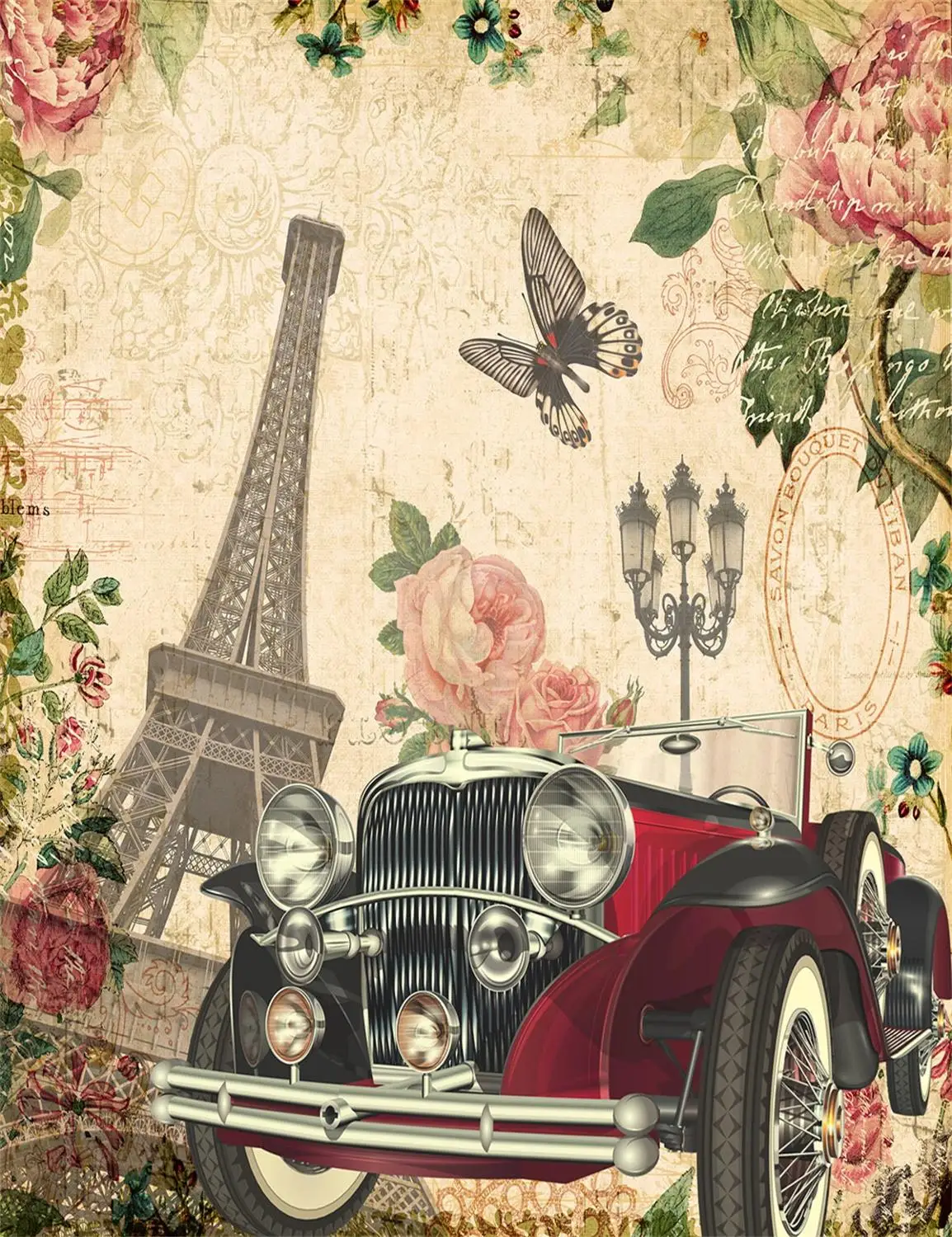 Retro Romantic Paris Eiffel Tower Photography Backdrop Red Vintage Car Rose Flower Butterfly Wedding Photo Background Photocall |