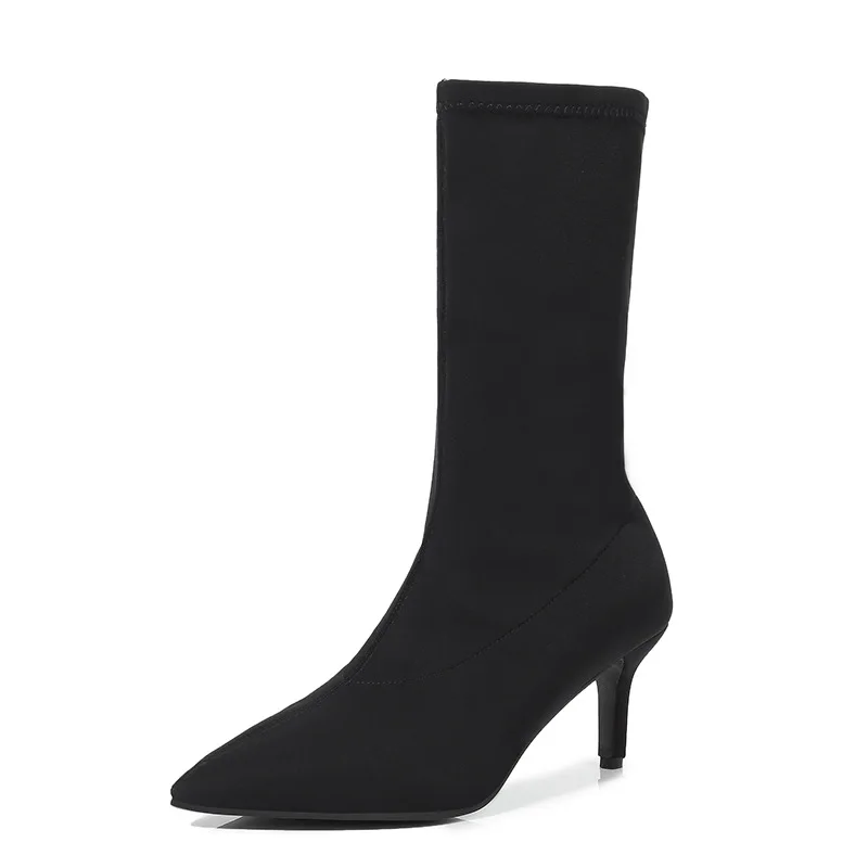 

women winter heeled shoes dress 7.5cm stiletto thin high heels boots plush pumps stretch fabric ladies lady female red footwears