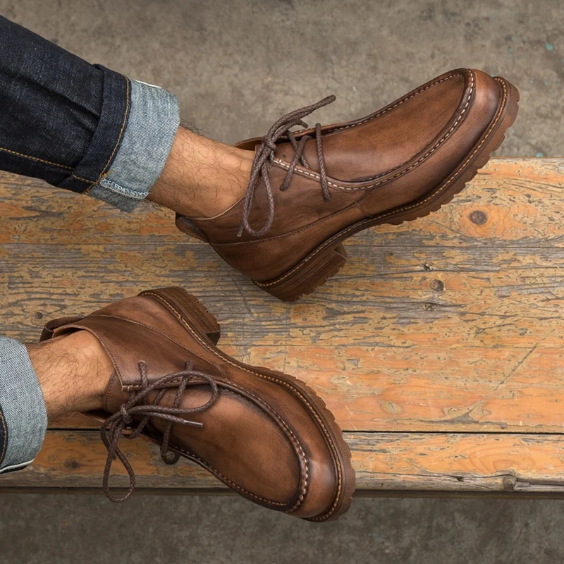 

High Quality Man Handmade Laces Platform Casual Shoes Genuine Leather Round Toe Heels Men's Cowboy Riding Ankle Boots NHS295