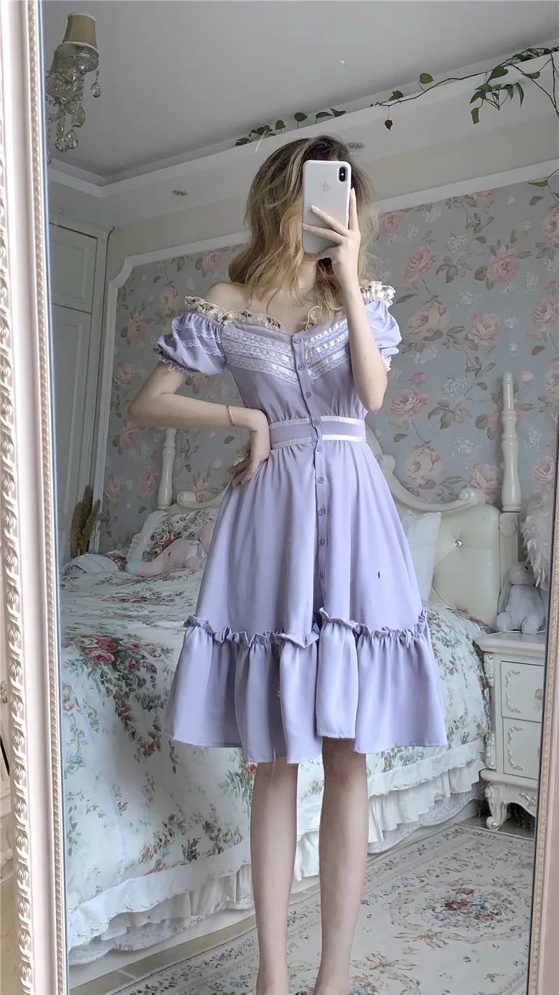 

Elegant Dress Short Puff Sleeve V-neck Off Shoulder Button Vestidos Knee-Length Casual A-line Ruffles Dresses