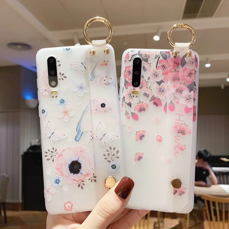 

Soft TPU Wristband Case For Huawei P40 Lite E Nova 7i 5T 7 6 5 5i 4 3 3i SE Pro Relief Floral Phone Cover