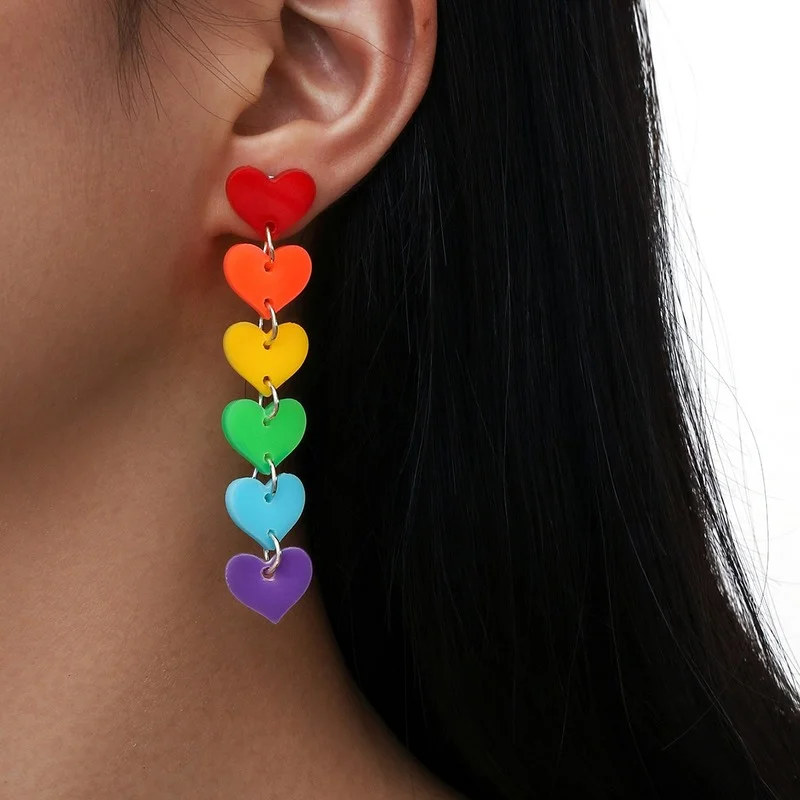 

Wholesale Rainbow Color Acrylic Tassel Love Heart Earrings 1 Pair Earrings Dangle for Women Earings Fashion Jewelry 2021