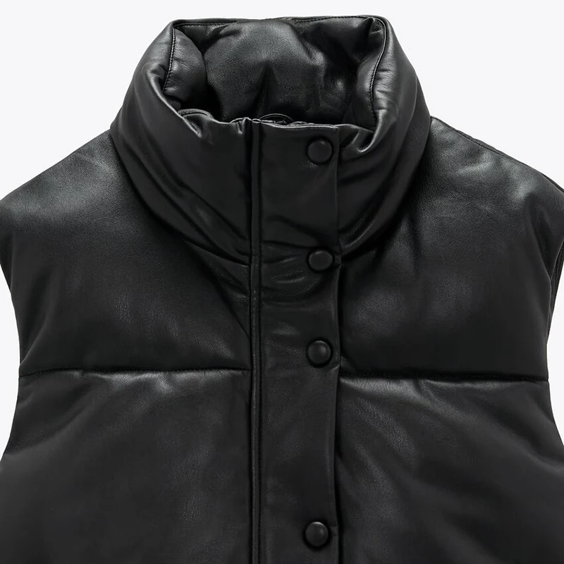 

Elina Black Stand Collar Vests Women Fashion Zipper PU Leather Coats Women Elegant Autumn Winter Short Vests Female Ladies