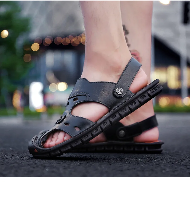 Сандалии мужские кожаные Уличная обувь Нескользящие повседневные летняя