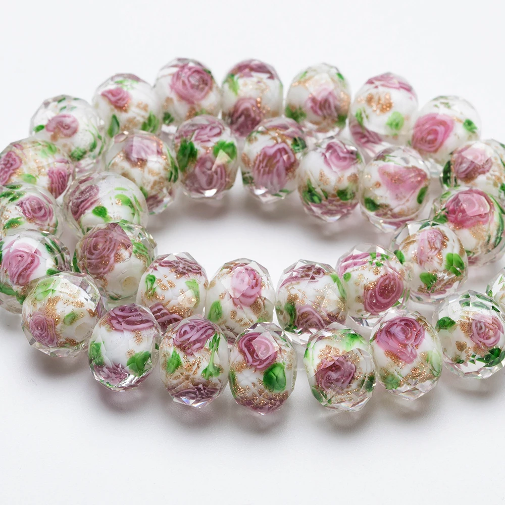 8 10 12MM Murano Lampwork Rondelle Beads Faceted Rose Flower Glass Bead Loose Spacer Beads for Bracelet Neacklace Jewelry Making