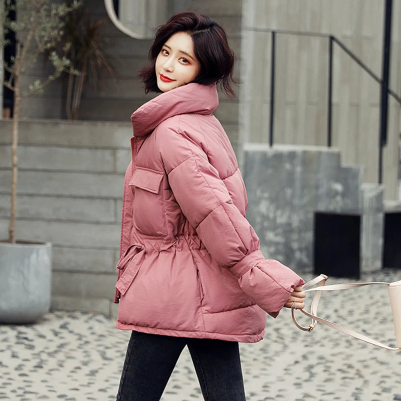 

Drawstring Ladies Double Pocket Puffer Jacket 2019 New Standing Collar Parka Casual Loose Winter Jacket Women Warm Bubble Coat