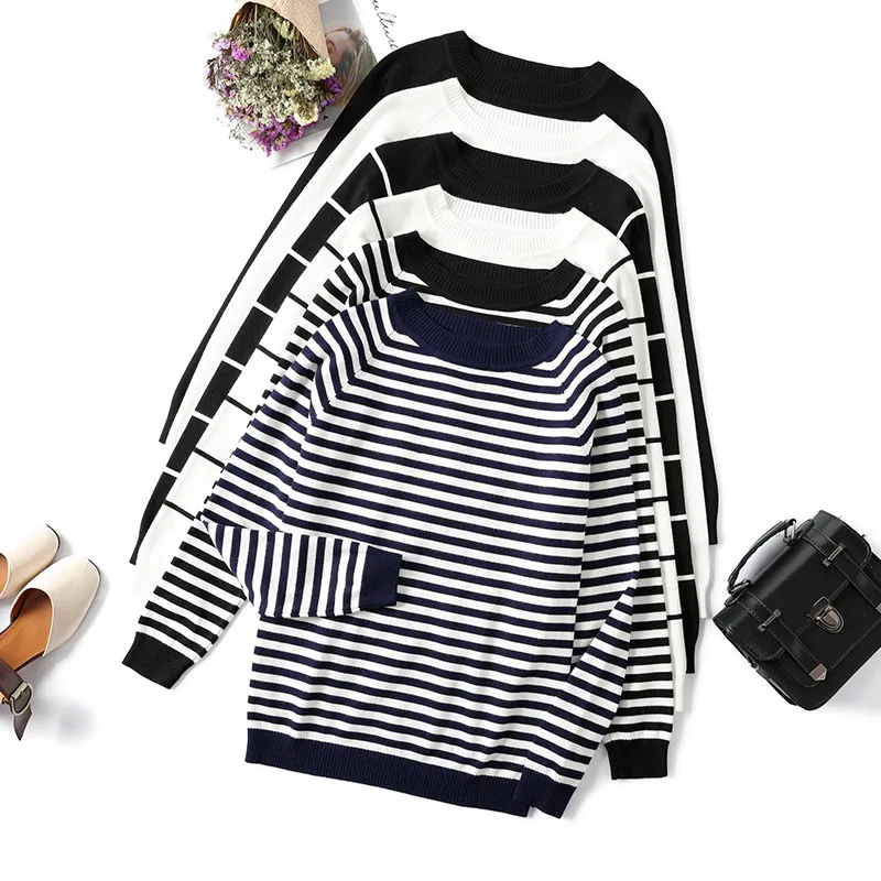 

FAKUNTN 2021 Autumn Winter Striped Pullover Women Sweater Knitted Sweaters O-Neck Tops Korean Pull Femme Jumper Female White