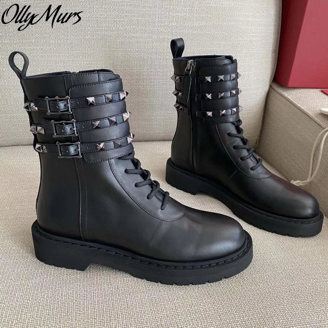 

Ollymurs New Genuine Leaher Studded Ankle Boots Round Toe Thick Heel Low Heel Women Winter Boots Zapatos Mujer