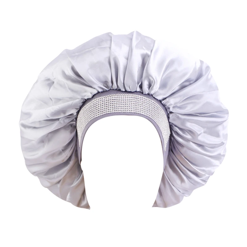 

New Large Size Satin Bonnet Elastic Band Rhinestone Wide Side Design Hot Drilling Night Sleep Cap Head Cover Head Wrap