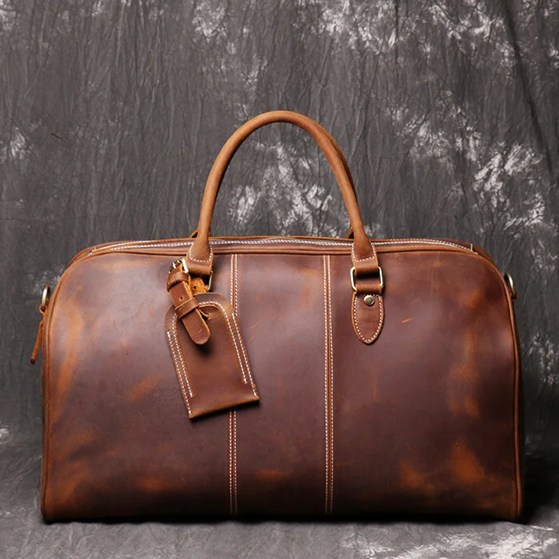 Luufan Men Leather Travel Bag Genuine Leather Top Layer Cowhide Travelling Duffle Bag Zipper Around Weekend Bag For Male