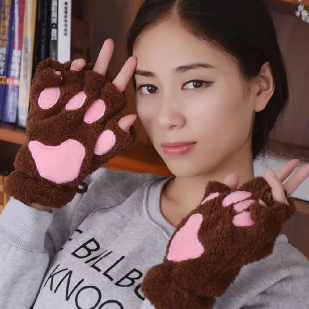 Зимние милые женские перчатки кошачья лапа с когтями плюшевые коротким пальцем