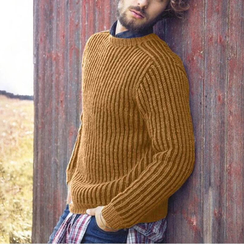 

Мужской трикотажный свитер в рубчик, повседневный Однотонный свитер с длинным рукавом и круглым вырезом, в винтажном стиле, Осень-зима 2021