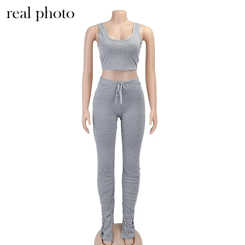 

Simenual Tank Top And Stacked Pants 2 Piece Set Women Casual Sportswear Sleeveless Tracksuits Fashion Workout Grey Matching Sets
