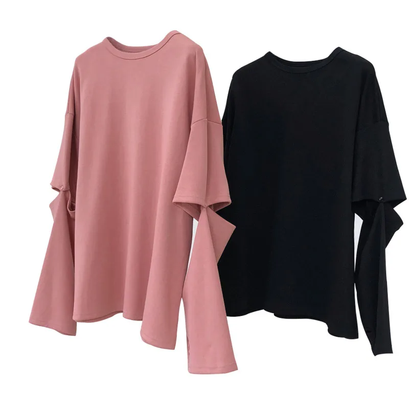 

DEAT 2021 New Women Fashion Loose Solid Color Round Neck Long Sleeve Hole Patchwork Sweater Office Lady Top Autumn Winter 7E186