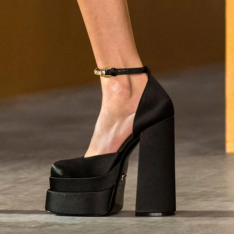 

Fashion Waterproof Platform Square Toe Heel Satin Rhinestone Candy pumps Sandals Big Size Party Wedding Sexy Thick High Heels